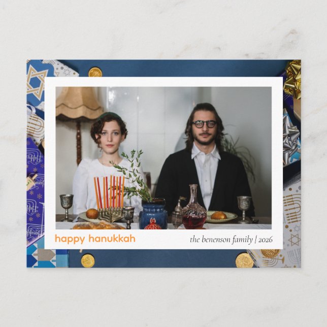 Cartes Pour Fêtes Annuelles Elegant Blue Joyeux Hanukkah Famille 1 Photo (Devant)