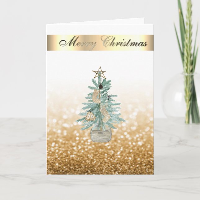 Cartes Pour Fêtes Annuelles Elégant Bokeh Faux Gold, Aquarelle Arbre de Noël (Devant)