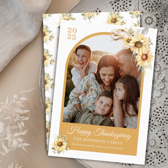 Cartes Pour Fêtes Annuelles Élégant Bon thanksgiving d'Arche Automne Fleur Arc (Elegant gold sunflowers watercolor floral personalized Happy Thanksgiving card with arch photo notes)