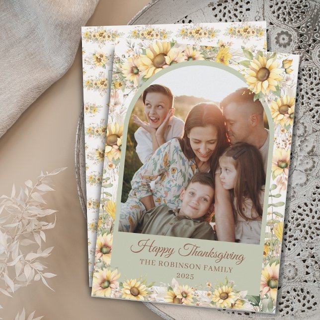 Cartes Pour Fêtes Annuelles Élégant Bon thanksgiving de tournesols automne pho (boho watercolor sunflowers floral happy thanksgiving card with arch family photo and message)
