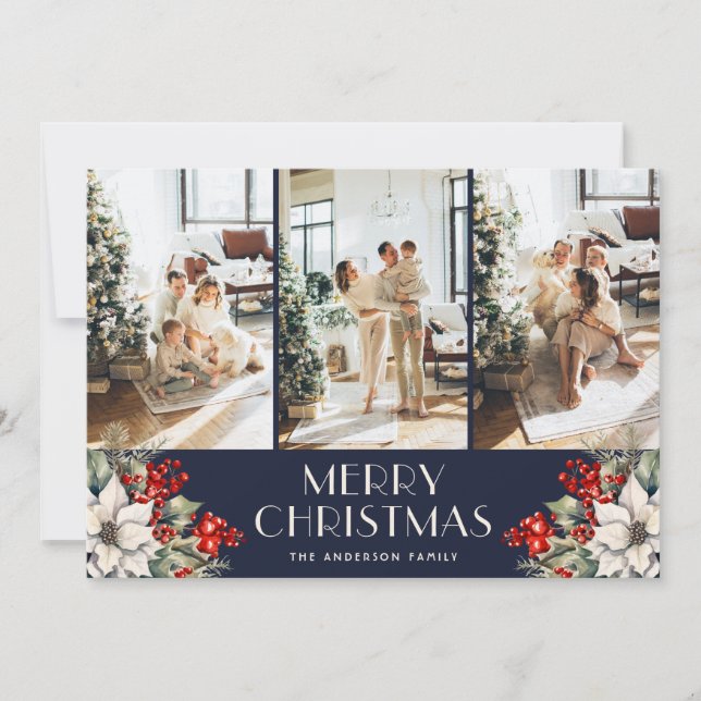 Cartes Pour Fêtes Annuelles Elegant Botanical Blue Photo Collage Christmas (Devant)
