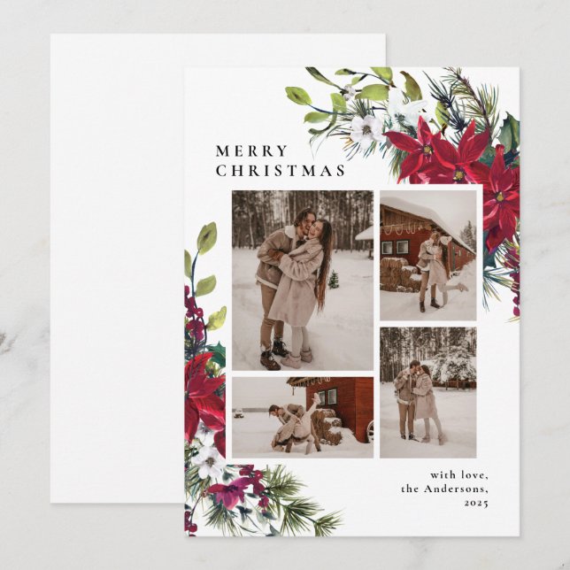 Cartes Pour Fêtes Annuelles Elegant Botanical Floral Photo Collage Christmas (Devant / Derrière)