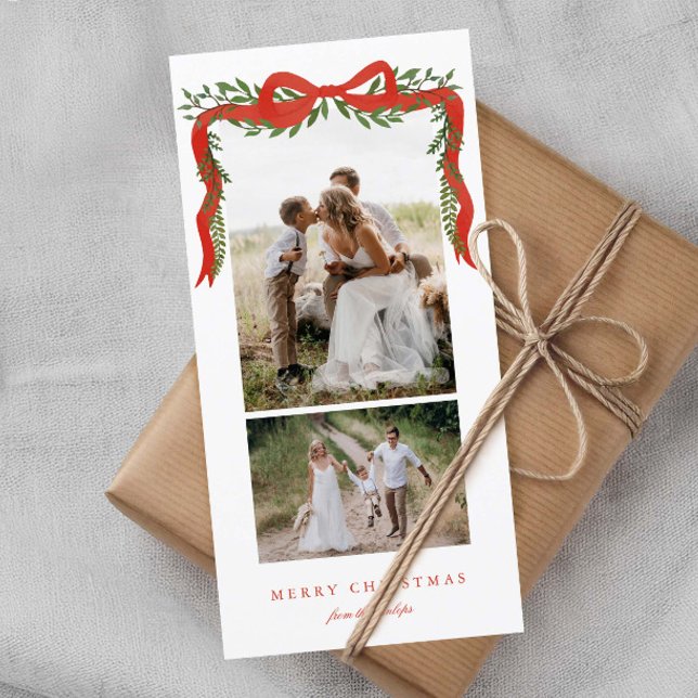 Cartes Pour Fêtes Annuelles Elégant Bow rouge avec verdure 2 Photo Noël (Elegant red bow with greenery 2 photo tall Christmas holiday cards.)