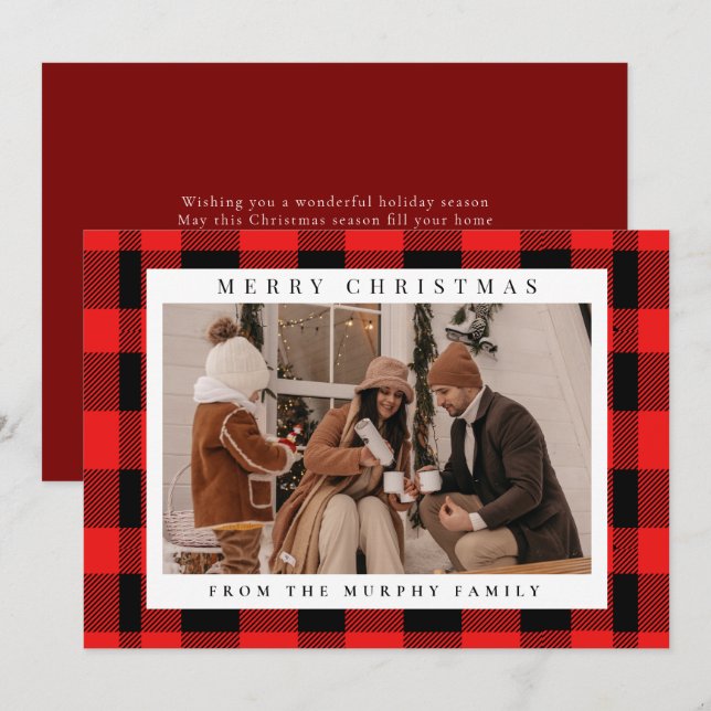 Cartes Pour Fêtes Annuelles Élégant Buffle Rouge Plaid Photo Famille de Noël (Devant / Derrière)