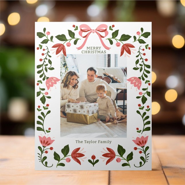Cartes Pour Fêtes Annuelles Elégant cadre floral photo de Noël (Elegant Floral Frame Christmas Photo Holiday Cards from Ricaso. Add your own photograph and text)