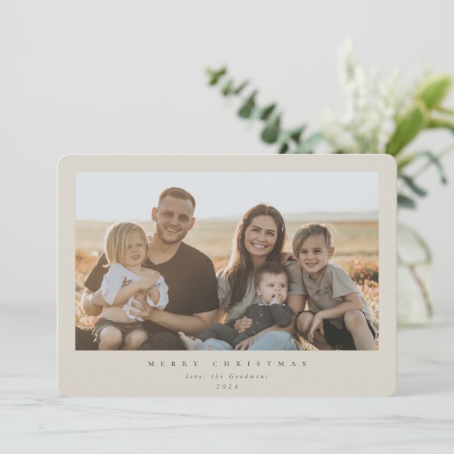 Cartes Pour Fêtes Annuelles Élégant Cadre minimal Beige Photo simple (Debout devant)