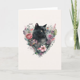 Cartes Pour Fêtes Annuelles Élégant chat noir avec fleurs Saint Valentin Hol