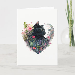 Cartes Pour Fêtes Annuelles Élégant chat noir en fleurs mixtes Saint-Valentin