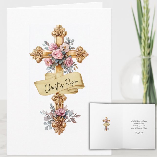Cartes Pour Fêtes Annuelles Elégant "Christ ressuscité" Croix florale Pâques (Créateur téléchargé)
