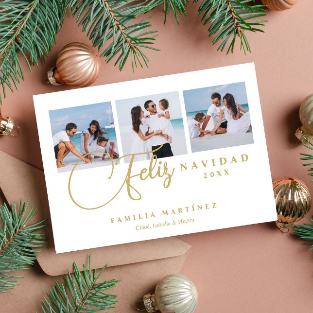 Cartes Pour Fêtes Annuelles Elegant Christmas Spanish Cute 3 Multi Photo (Elegant Christmas Spanish Cute 3 Multi Photo Collage in White Holiday Card with Envelope. )