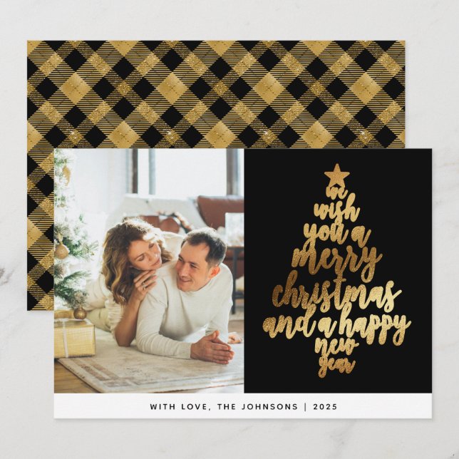 Cartes Pour Fêtes Annuelles Élégant classique Black Gold Famille Photo Noël (Devant / Derrière)
