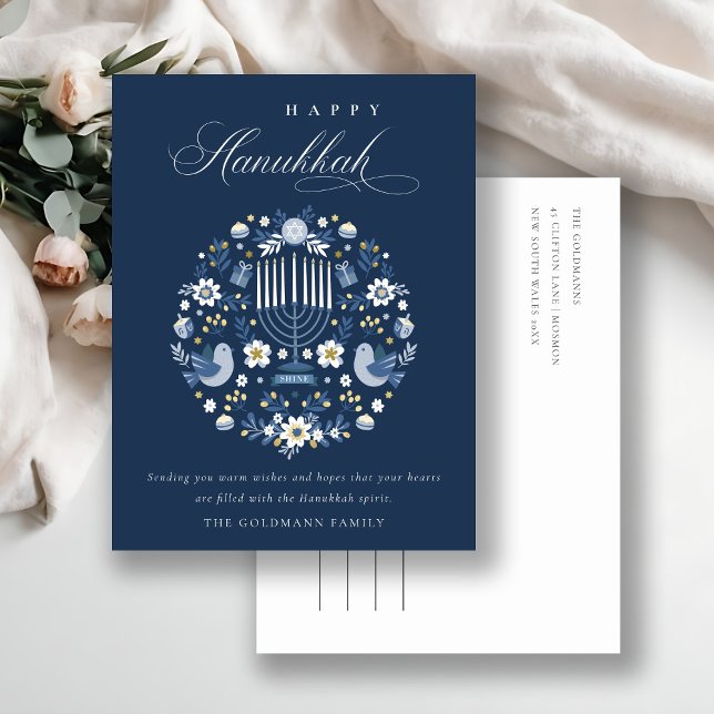 Cartes Pour Fêtes Annuelles Elégant Classy Navy Blue Happy Hanoukka Floral (Créateur téléchargé)