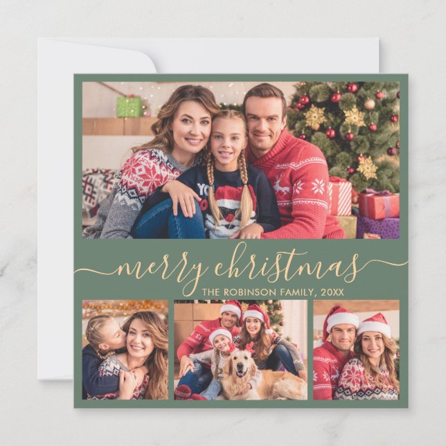 Cartes Pour Fêtes Annuelles Élégant Collage de photos Vert Gold Script Noël (Devant)