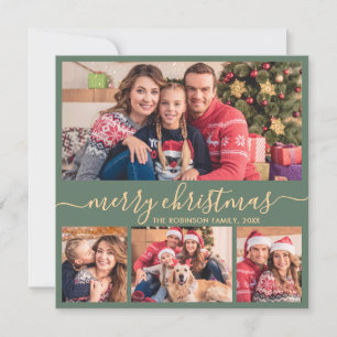 Cartes Pour Fêtes Annuelles Élégant Collage de photos Vert Gold Script Noël