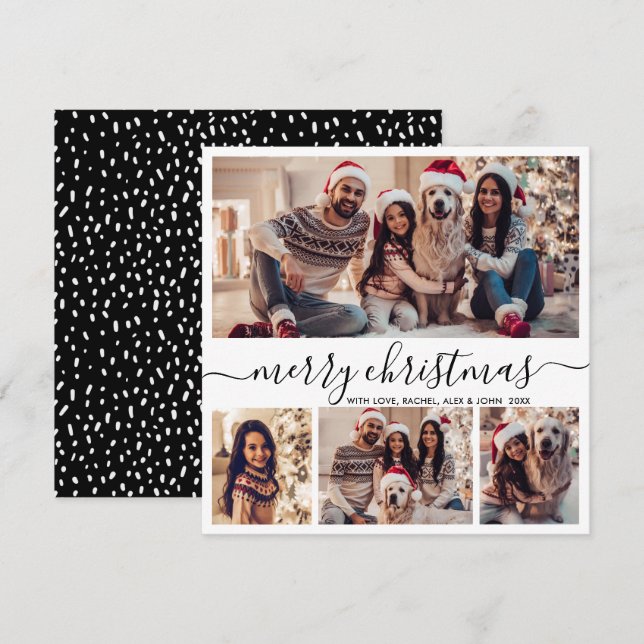 Cartes Pour Fêtes Annuelles Élégant collage photo noir Script neige Noël (Devant / Derrière)