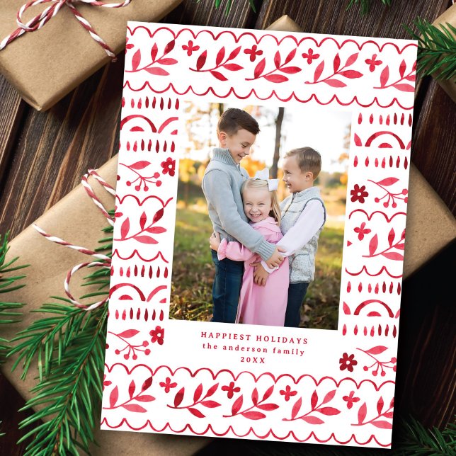 Cartes Pour Fêtes Annuelles Elégant Crimson Folk Aquarelle de Noël Photo (Créateur téléchargé)