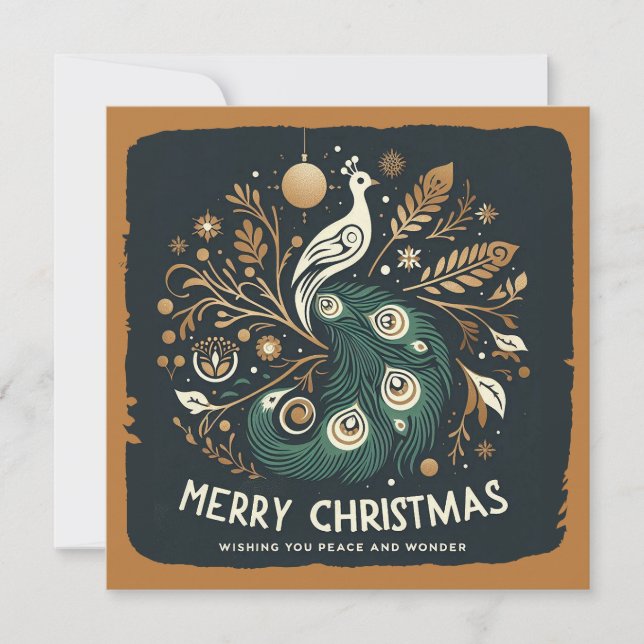 Cartes Pour Fêtes Annuelles Élégant Cuivre Stylisé Peacock Joyeux Noël (Devant)