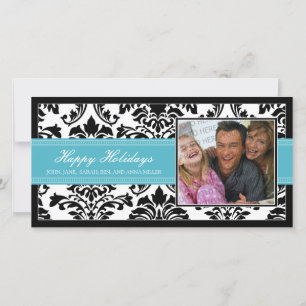 Cartes Pour Fêtes Annuelles Elégant Damask Black & Aqua Custom Happy Holidays