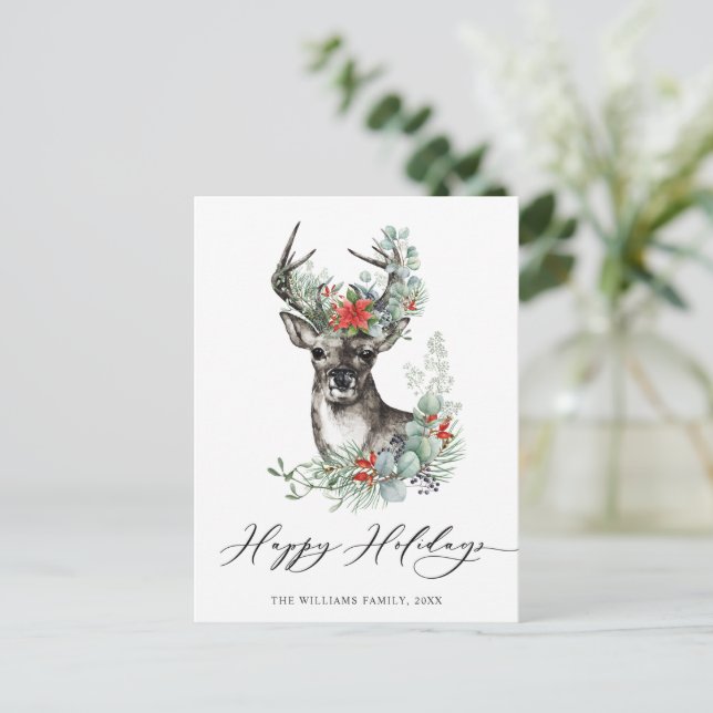 Cartes Pour Fêtes Annuelles Elegant Deer Poinsettia voeux de Noël (Debout devant)