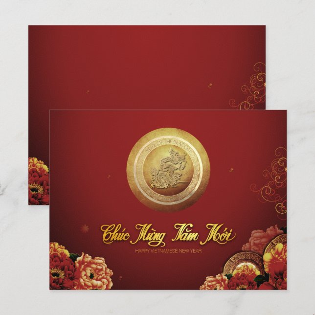 Cartes Pour Fêtes Annuelles Elégant Dragon Vietnamien Nouvel An 2024 Peonies H (Devant / Derrière)