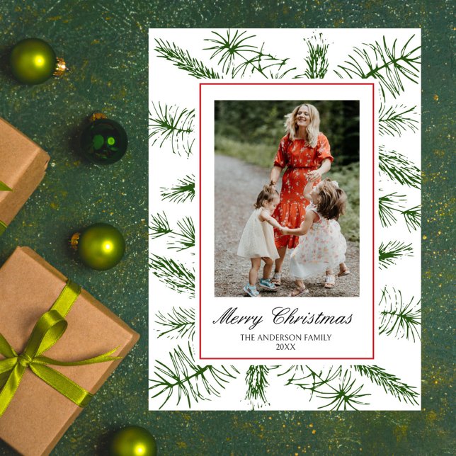 Cartes Pour Fêtes Annuelles Élégant écrit Rustique Pin Boho Photo Noël (Rustic Pine Boho Elegant Script Christmas Card)