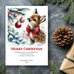 Cartes Pour Fêtes Annuelles Élégant Faon de Bébé Forêt Enneigée Aquarelle Noël