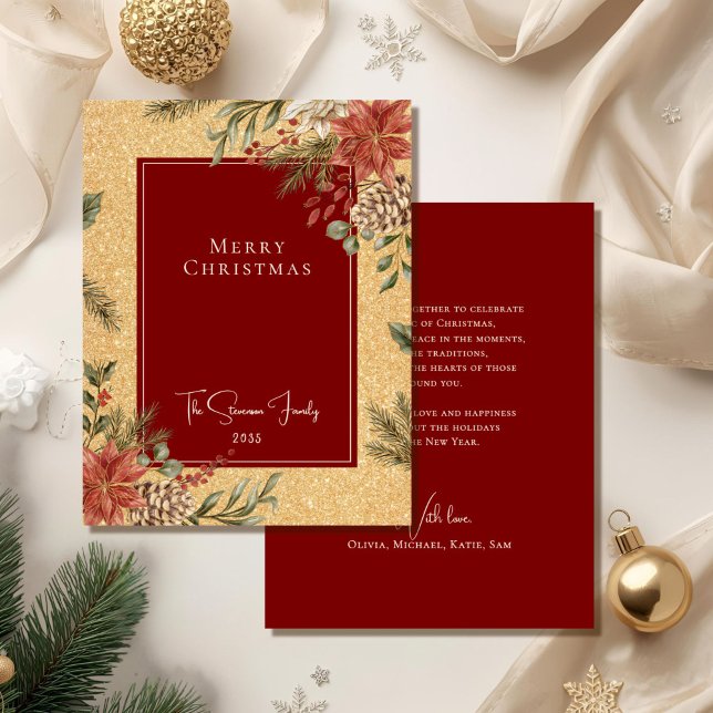 Cartes Pour Fêtes Annuelles Elégant Faux Gold Joyeux Noël Poinsettia (Créateur téléchargé)