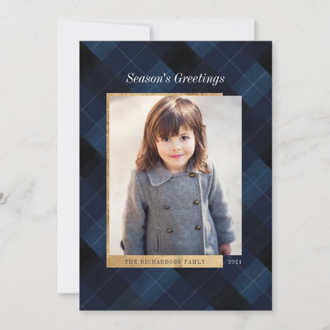 Cartes Pour Fêtes Annuelles Elégant Festif Marine Plaid & Gold One Photo (Devant)
