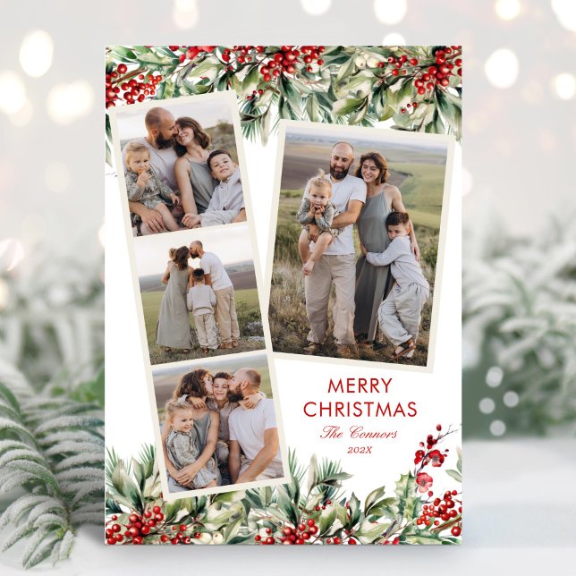 Cartes Pour Fêtes Annuelles Elégant Festive Cinq Photo Verdure (Créateur téléchargé)