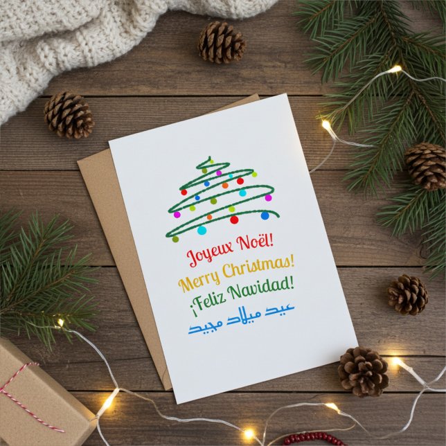 Cartes Pour Fêtes Annuelles Elégant Festive multilingue Joyeux Noël, Arbre (Créateur téléchargé)