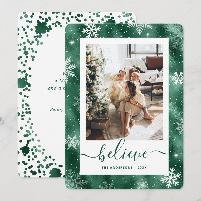 Cartes Pour Fêtes Annuelles Élégant Flocon de neige photo vert (Devant / Derrière)