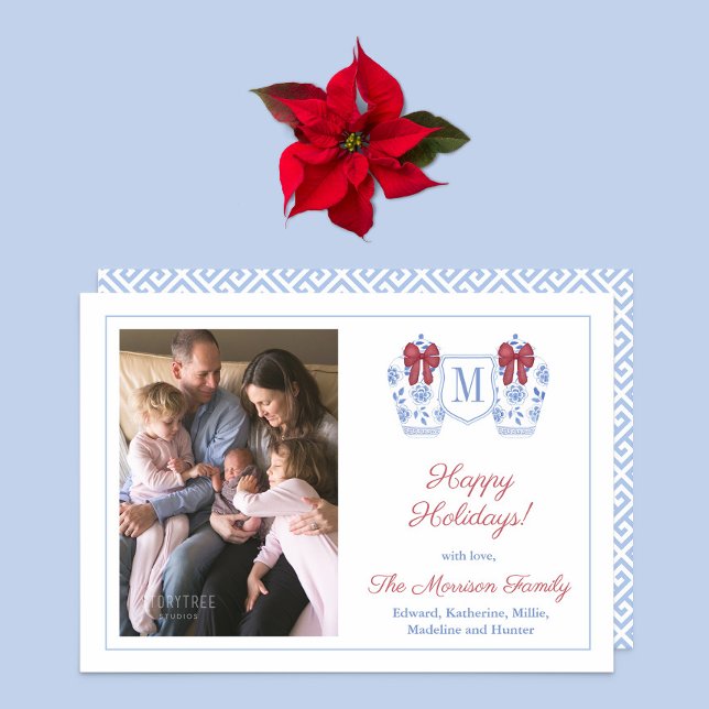 Cartes Pour Fêtes Annuelles Élégant Ginger Jar Joyeux vacances Photo de famill (Preppy ginger jar with festive red bow family photo holidays card)