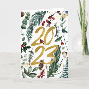 Cartes Pour Fêtes Annuelles Elégant Gold 2023 Festive Pine vert Rouge Floral