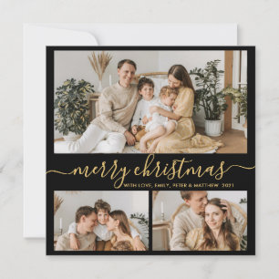 Cartes Pour Fêtes Annuelles Elegant Gold Black 3 Photo Collage Noël