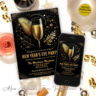 Cartes Pour Fêtes Annuelles Elegant Gold Black Nouvel An`s Eve Party Invitatio