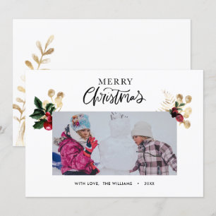 Cartes Pour Fêtes Annuelles Élégant Gold et Red Holly Berries Script élégant