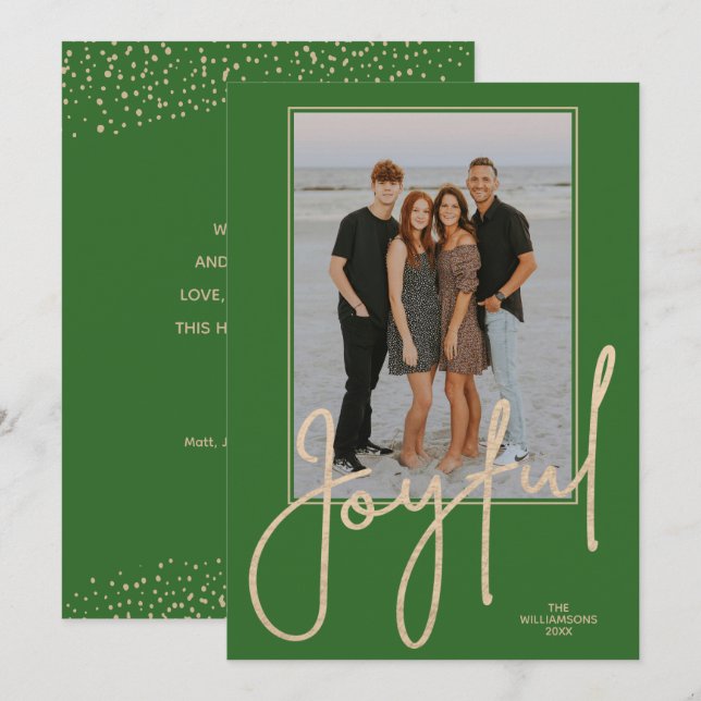 Cartes Pour Fêtes Annuelles Elegant Gold JOYFUL Script Green Photo Christmas (Devant / Derrière)
