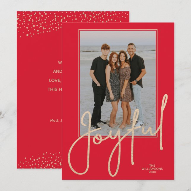 Cartes Pour Fêtes Annuelles Elegant Gold JOYFUL Script on Red Photo Christmas (Devant / Derrière)
