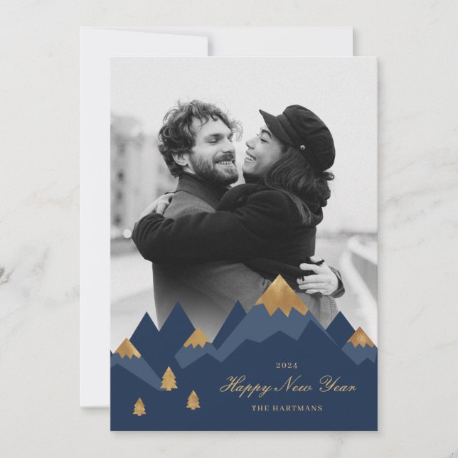 Cartes Pour Fêtes Annuelles Elégant Gold Navy Mountains Photo Nouvel An (Devant)
