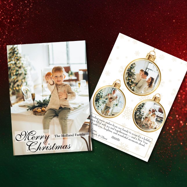 Cartes Pour Fêtes Annuelles Elegant Gold Ornament 4 Photo Christmas Card (Créateur téléchargé)
