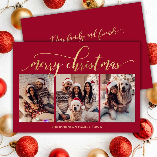 Cartes Pour Fêtes Annuelles Elegant Gold Script 3 Photo Collage Red Christmas (Créateur téléchargé)