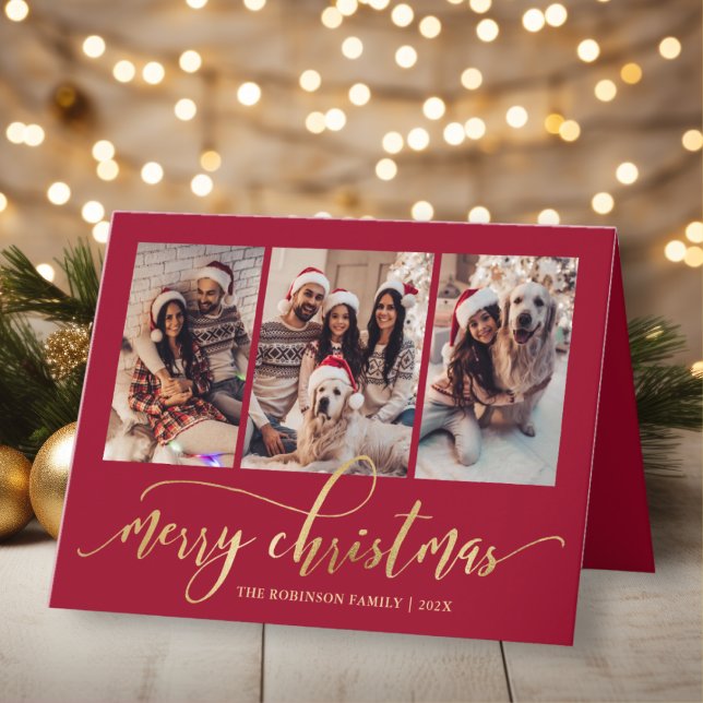 Cartes Pour Fêtes Annuelles Elegant Gold Script 3 Photo Collage Red Christmas (Créateur téléchargé)