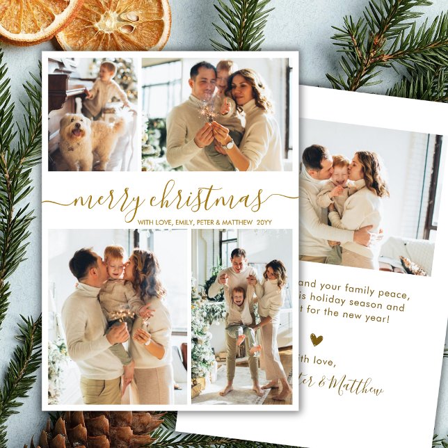 Cartes Pour Fêtes Annuelles Elegant Gold Script 4 Photo Collage Christmas (Créateur téléchargé)