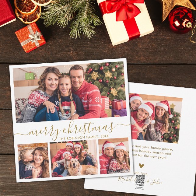Cartes Pour Fêtes Annuelles Élégant Gold Script 4 Photo Collage Noël (Créateur téléchargé)