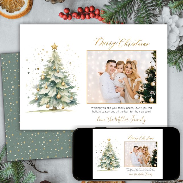 Cartes Pour Fêtes Annuelles Élégant Gold Script Christmas Tree One Photo (Créateur téléchargé)