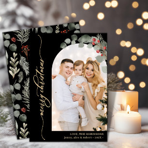 Cartes Pour Fêtes Annuelles Élégant Gold Script Foliage Photo Arch Noël