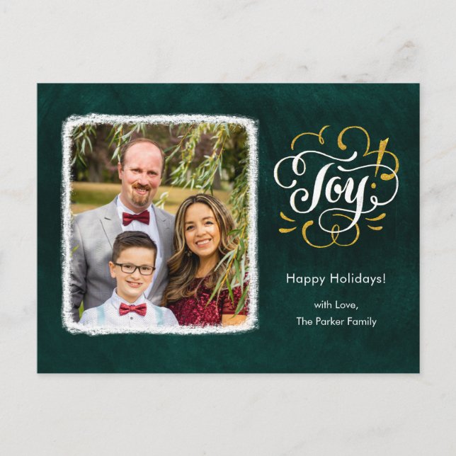 Cartes Pour Fêtes Annuelles Élégant Gold Script JOY Green Christmas Photo (Devant)