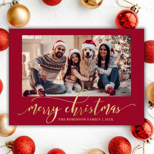Cartes Pour Fêtes Annuelles Elegant Gold Script One Photo Red Christmas  (Créateur téléchargé)