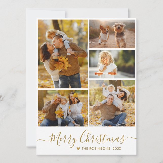 Cartes Pour Fêtes Annuelles Élégant Gold Script Photo Collage Noël (Devant)