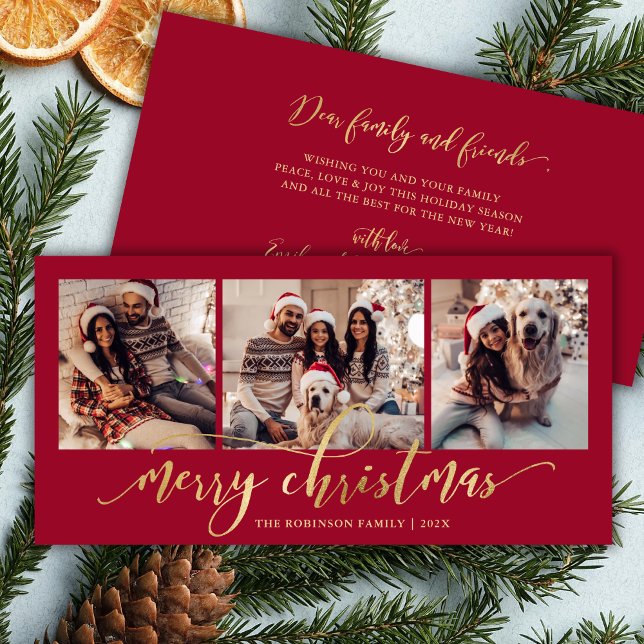 Cartes Pour Fêtes Annuelles Elegant Gold Script Red 3 Photo Collage Christmas (Créateur téléchargé)